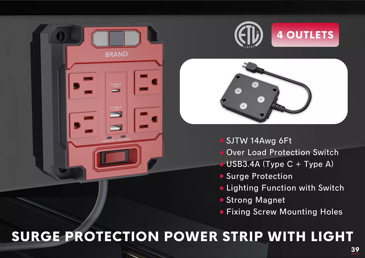 4 Outlets Power Strip With Light